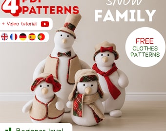 Patron de couture de poupée en peluche famille bonhomme de neige | Bricolage pour débutants avec des vêtements (PDF)