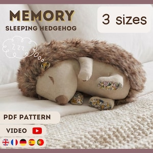 May include: A plush sleeping hedgehog toy with brown fur and a beige body. The toy has small floral patterned patches on its feet and a thought bubble with "Zzz" above its head. The text "MEMORY SLEEPING HEDGEHOG" is at the top.