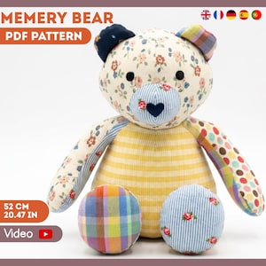 Pode incluir: Um urso de pelúcia feito de vários retalhos de tecido com padrões florais, listrados e de bolinhas. O urso apresenta uma cabeça cor de creme com flores, um focinho listrado de azul com um nariz em forma de coração e mede 52 cm de altura.