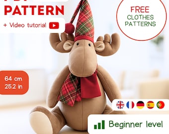 Patron de couture Noël orignal PDF + tutoriel vidéo pour débutants | Renne en peluche 64 cm / 25 po. | Bonnet et écharpe gratuits, cadeau DIY fait main