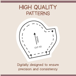 May include: A white pattern piece with a dashed outline, an arrow labeled "GRAIN", and the text "CUT X2". The image also includes the text "HIGH QUALITY PATTERNS" and "Digitally designed to ensure precision and consistency" on a beige background.