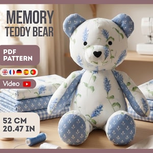 May include: A handmade teddy bear, 20.47 inches tall, with a white body and blue floral pattern. The bear has a black heart-shaped nose and black eyes. The image includes text that reads "MEMORY TEDDY BEAR" and "PDF PATTERN".
