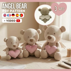 Patrón de costura de osito ángel (PDF + vídeo) / Con corazón y alas / 3 tamaños