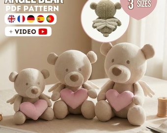 Patron de couture ange ours en peluche PDF + vidéo | avec coeur et ailes | 3 tailles