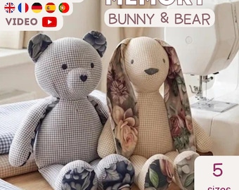 Patron PDF Memory Ours en peluche et lapin 5 tailles + Tutoriel vidéo de couture pour débutants