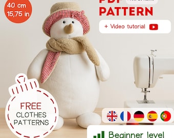 Patron de couture Noël Bonhomme de neige PDF + tutoriel vidéo | 40 cm / 15,8 pouces Bonhomme de neige en peluche fait main, facile à coudre