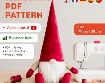 Patron de couture gnome PDF et tutoriel vidéo, peluche de vacances, kit de création facile pour adultes pour débutants, cadeau de Noël fait main et décoration d'intérieur