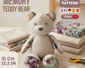 Patron PDF Memory Teddy Bear 12,2 pouces + Tutoriel vidéo de couture pour débutants, jouet facile