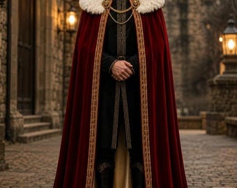 Royal Medieval King Cloak, Men Renaissance Cape, Velvet Hooded Costume, Fur Collar Cloak, Fantasy King Robe, Gothic Medieval Costume