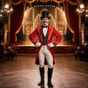 May include: A ringmaster costume featuring a red tailcoat with gold embroidery, a black vest, a white shirt with a black bowtie, white trousers, white gloves, black boots, and a black top hat, standing in front of a stage with red curtains.