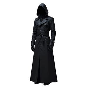 May include: A long, black hooded trench coat with a double-breasted front, belt, and gloves. The coat has a split in the front and is made of a dark, possibly leather-like material. The sleeves have cuff details.