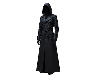 Black Gothic Hooded Trench Coat for Men | Long Darkwear Cyberpunk Jacket | Steampunk Duster Coat | Cosplay, Festival & Streetwear Clothing