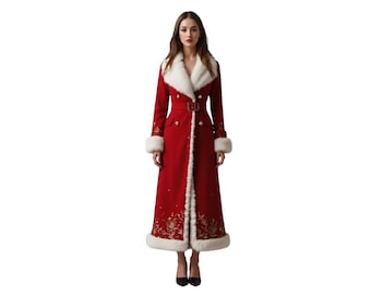 May include: A long, red coat with white faux fur trim on the collar, cuffs, and hem. The coat features a belted waist, gold buttons, and gold embroidered floral details. A woman is wearing the coat.