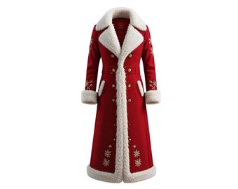 May include: A long, red coat with a white faux fur collar, cuffs, and trim. The coat features gold buttons, a belt, and snowflake embroidery. A winter-themed garment.
