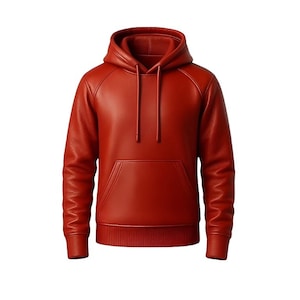 Puede incluir: Una sudadera con capucha de cuero rojo con capucha con cordón y bolsillo de canguro. La sudadera de manga larga tiene puños y dobladillo acanalados. La sudadera con capucha es de color sólido y se muestra sobre un fondo blanco.