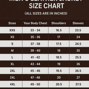 May include: Size chart for leather jackets from AN LeatherStudio. The chart includes sizes from XXS to 5XL and custom, with measurements in inches for chest, shoulders, and sleeves. The text at the bottom says, "NOTE: IF YOU'RE CONFUSE ABOUT SIZES, PLEASE CONTACT US, WE REPLY."