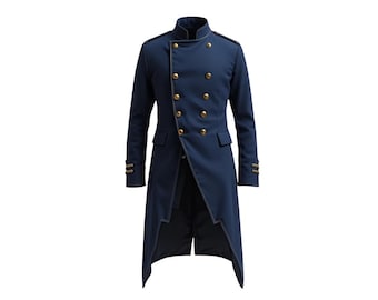Navy Blue Military Style Long Coat for Men | Gold Button Double Breasted Tailcoat | Victorian Formal Officer Overcoat