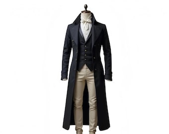 May include: A formal outfit on a mannequin. The ensemble includes a long black coat, a black vest with gold buttons, a white dress shirt, a cream-colored bow tie, and beige pants. The coat is double-breasted and reaches the ankles.