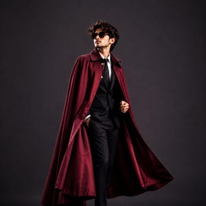 May include: A burgundy cape with a button closure over a black suit. The cape is long and flowing, with a satin-like sheen. The person is wearing sunglasses and a black tie. The background is a solid dark gray.