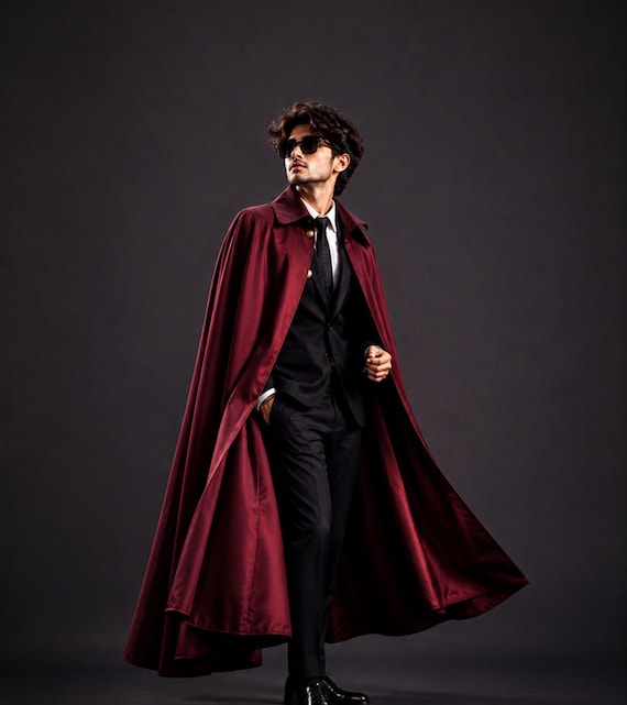 Men's Burgundy Gothic Cape Cloak Formal Long Coat Elegant Vampire Style Luxury Fashion Statement Outfit