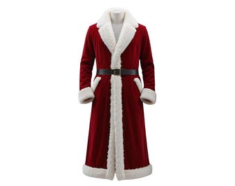 Può includere: Un lungo cappotto di velluto rosso con finiture e polsini in ecopelliccia bianca. Il cappotto presenta un ampio colletto, una cintura nera con fibbia argentata e tasche. Questo capo festivo è adatto per eventi festivi e cosplay.