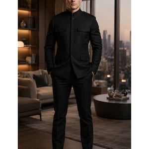 Men Black Military Style Jacket Slim Fit Formal Coat High Neck Button Jacket Modern Stylish Outfit Wedding Party Wear