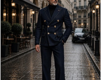 Men Navy Double Breasted Suit, Dark Blue 2 Piece Suit, Wide Leg Trousers, Modern Formal Wedding Outfit, Custom Men Suit