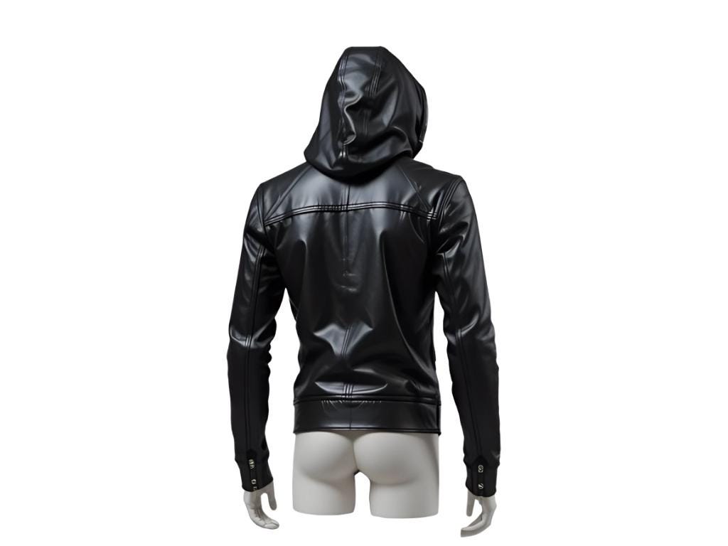 フード付きスリムフィットレザージャケット メンズ ブラックレザーフード付きジャケット - スリムフィット