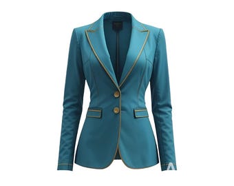 Blazer entallado verde azulado para mujer / Chaqueta a medida con ribete dorado / Abrigo formal para fiesta / Traje elegante de boda / Blazer elegante para oficina