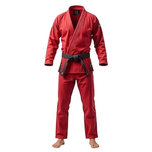 Könnte beinhalten: Ein komplettes rotes Kampfsport-Outfit, bestehend aus Jacke, Hose und einem schwarzen Gürtel. Die Jacke hat ein Wickeldesign und die Hose ist gerade geschnitten. Die Uniform ist für Kampfsporttraining und Wettkämpfe konzipiert.