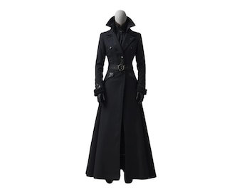 Handmade Gothic Long Black Trench Coat | Steampunk Victorian Overcoat for Women | High Collar Witch Vampire Cosplay Jacket