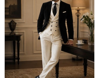 Men Black Blazer Ivory Suit Set Formal Tuxedo Wedding Outfit Double Breasted Vest Classic Elegant Groom Party Wear