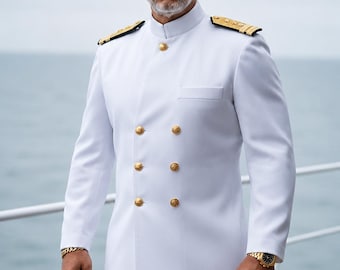 Uniforme blanco de oficial naval para hombre, traje de estilo militar, chaqueta de capitán cruzada, atuendo de lujo para ceremonias.