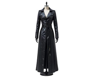 Matrix Style Black Faux Leather Trench Coat | Long Gothic Vinyl Coat for Women | Cyberpunk Cosplay Jacket | Futuristic Streetwear