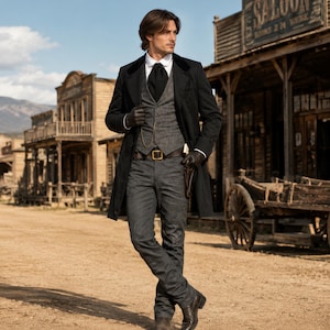 May include: A person wearing a long black coat with a velvet collar, a grey patterned waistcoat, a white collared shirt, a black cravat, and grey trousers. The outfit includes a brown leather belt with a gold buckle, dark gloves, and black boots.
