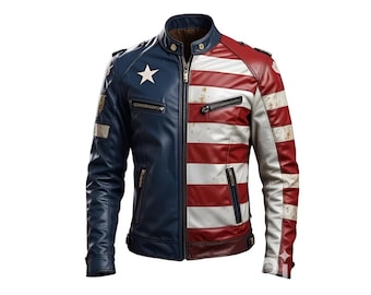Chaqueta con la bandera de EE. UU. para hombre / Abrigo de cuero genuino para motociclista / Ropa de motociclista roja, blanca y azul / Atuendo patriótico hecho a mano