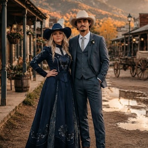 Può includere: Un abito blu navy a maniche lunghe con dettagli in pizzo bianco e ricami floreali, abbinato a un cappello da cowboy blu navy. Accanto, un completo tre pezzi grigio antracite con camicia bianca, cravatta a fantasia e cappello chiaro.
