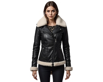 Chaqueta de piel sintética de oveja para mujer: abrigo de invierno negro, chaqueta de motociclista cálida con forro de sherpa, abrigo acogedor con ribete de piel.