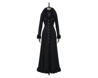 Women’s Gothic Black Fur Collar Coat – Long Tailored Overcoat, Vintage Style, Winter Fashion, Elegant Formal Outerwear