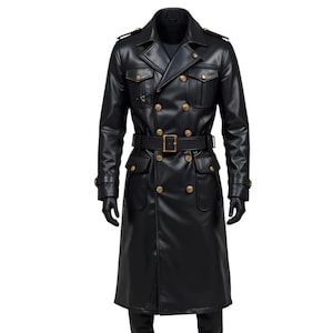 May include: A black leather trench coat with a double-breasted design, featuring gold-colored buttons and a matching belt. The coat has a classic collar, shoulder epaulettes, and multiple pockets. The sleeves are long, and the coat extends to the ankles.