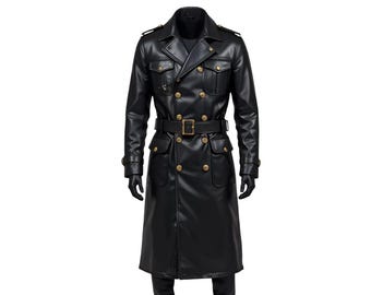 Men’s Long Black Genuine Leather Trench Coat | Gothic Steampunk Military Overcoat | Belted Double Breasted Vintage Jacket