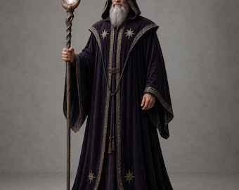 Men's Wizard Cloak Hooded Velvet Robe Medieval Mage Costume Gothic Warlock Cosplay Halloween Renaissance Fantasy Cape