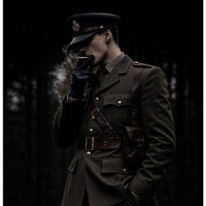 May include: A dark olive green military-style jacket with a matching peaked cap featuring a gold emblem. The ensemble includes a brown leather belt with a shoulder strap and a small attached pouch. The attire is worn with dark gloves and a tie.