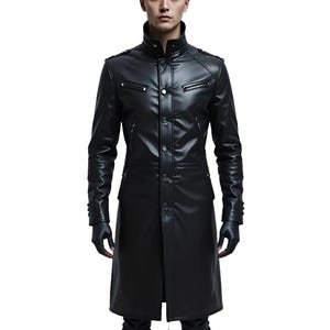 Men Black Leather Long Coat Gothic Trench Coat Biker Jacket Military Style Slim Fit Winter Overcoat High Collar Streetwear