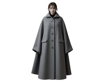 Modern Oversized Wool Cape Coat | Minimalist Winter Cloak | Elegant Long Overcoat for Women | Warm Swing Jacket