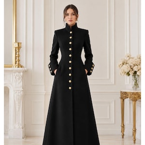 Women Black Long Coat, Fitted Military Overcoat, Victorian Inspired Formal Winter Coat, Elegant Button Front Women Outerwear
