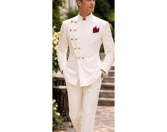 Traje de frac blanco de doble botonadura para hombre, conjunto de blazer formal para boda, traje de novio estilo militar, atuendo de abrigo de príncipe