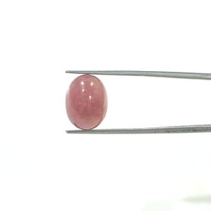 Könnte beinhalten: Ein polierter, oval geformter Edelstein, der von einer Pinzette vor einem weißen Hintergrund gehalten wird. Der Edelstein hat einen weichen, rötlich-rosa Farbton und eine glatte, reflektierende Oberfläche. Die Pinzette ist silberfarben.