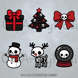 This sample shows six Gothmas themed Christmas clipart pieces including a black gift with red ribbon a dark Christmas tree decorated with skulls a red bow with a skull center a skeleton snowman a skeleton reindeer with red nose and a black snow globe featuring a skull all placed against a subtle stone background.