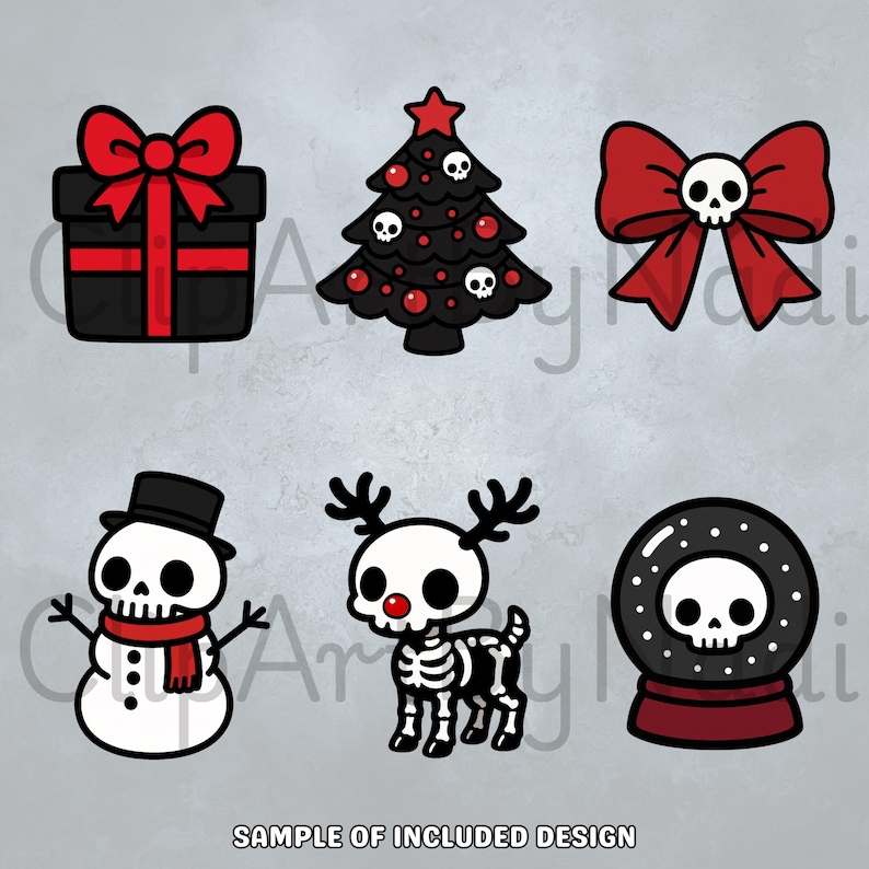 This sample shows six Gothmas themed Christmas clipart pieces including a black gift with red ribbon a dark Christmas tree decorated with skulls a red bow with a skull center a skeleton snowman a skeleton reindeer with red nose and a black snow globe featuring a skull all placed against a subtle stone background.